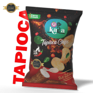 Pack of Kerala tapioca chips in peri peri flavor, gourmet snack